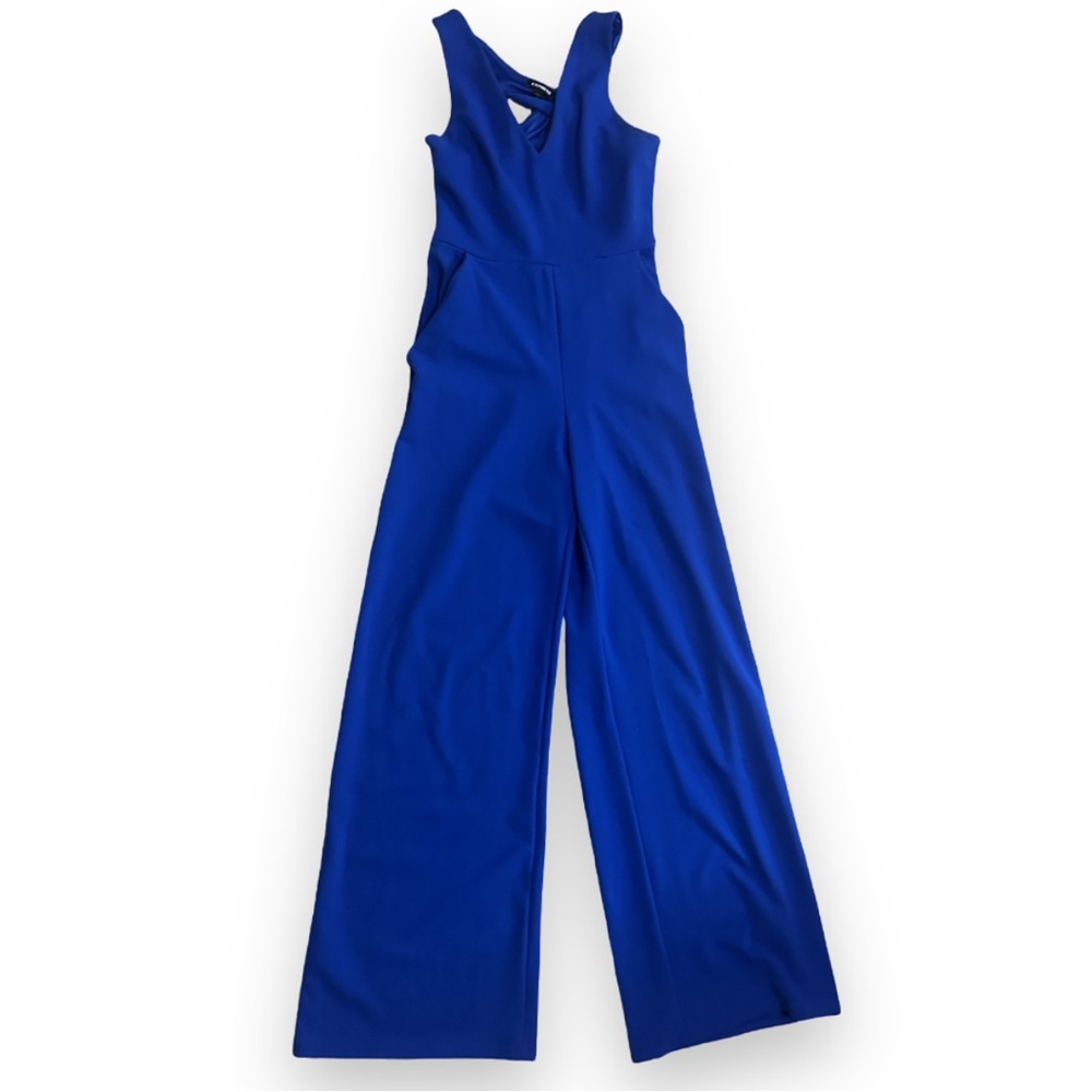 Express Holiday Plunge Wide Leg Jumpsuit in Cobalt Blue size S